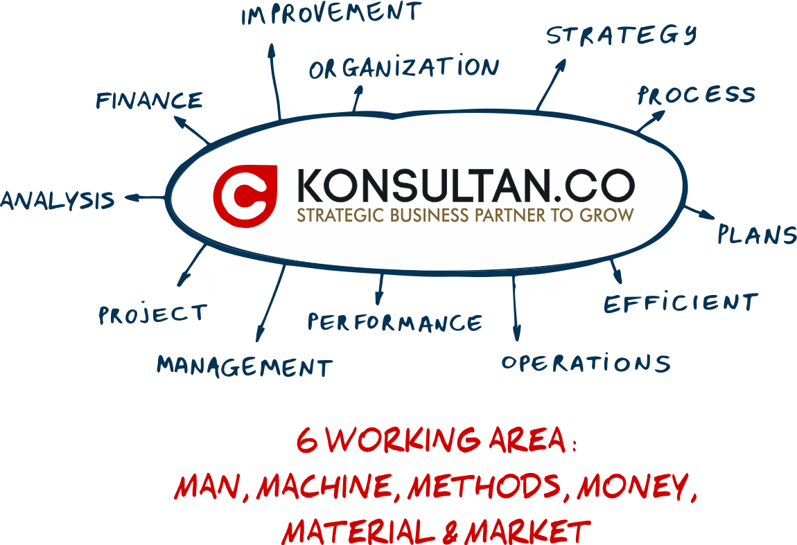 Diagram showcasing the services offered by Konsultan.co, including improvement, organization, strategy, and project management.