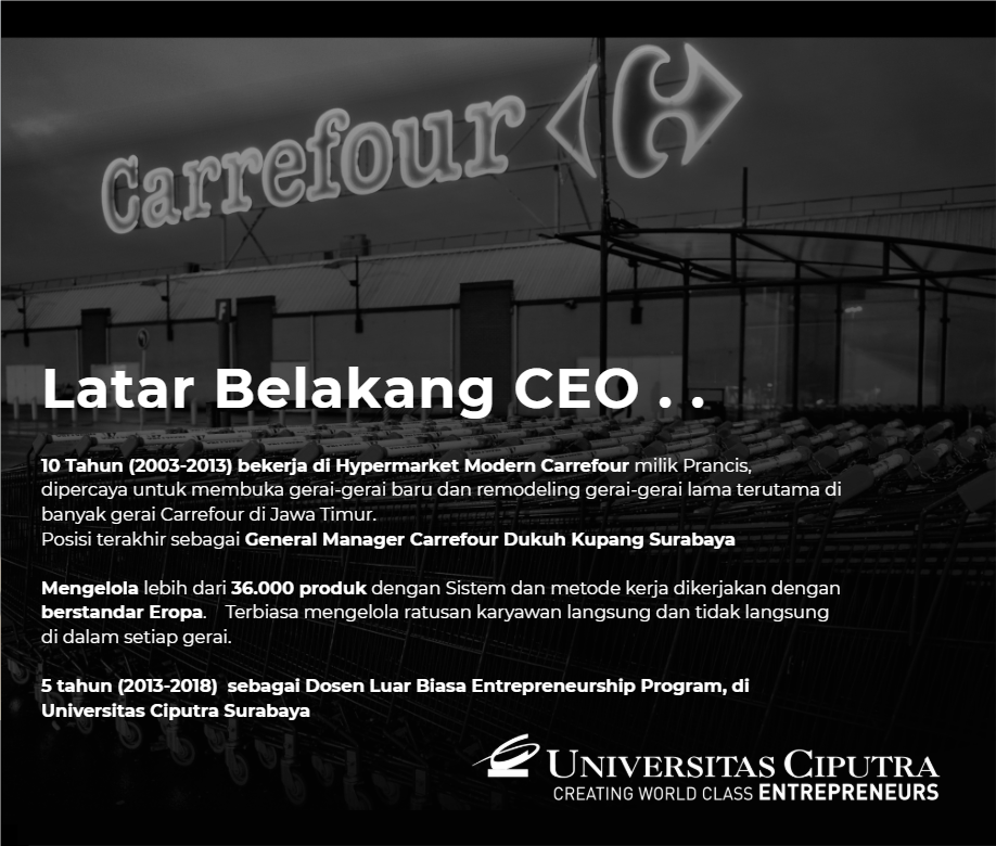 Poster dengan logo Carrefour dan informasi tentang latar belakang CEO, termasuk pengalaman kerja dan pendidikan.